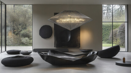 Poster - modern interior featuring geometric chandelier, sleek furniture, and natural light