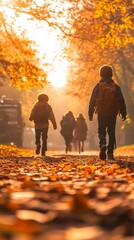 Poster - Elementary school students walking and running on a path covered with fallen autumn leaves, backlit by golden sunlight, creating a warm and nostalgic back to school atmosphere