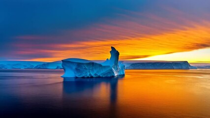 Wall Mural - golden tinted iceberg floating serenely in calm arctic waters, reflecting warm sunset hues across pr