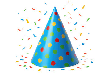 Aufkleber - Multicolored confetti raining around polka-dot blue party hat, celebrating festive moment against transparent backdrop