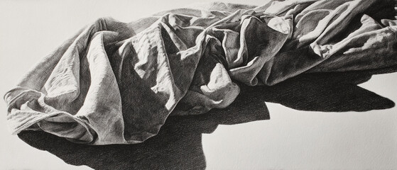 Poster - A monochrome drawing of a crumpled cloth with detailed shading and a distinct shadow on a light surface