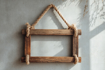 Poster - Rustic wooden frame with rope hanger against a textured wall with plant shadows creating a cozy vibe
