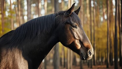 Wall Mural - powerful dark stallion standing motionless among golden autumn trees, radiating elegance and strengt
