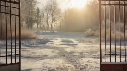 Wall Mural - wrought iron gate slowly swinging open, revealing snow covered park path bathed in golden sunrise li