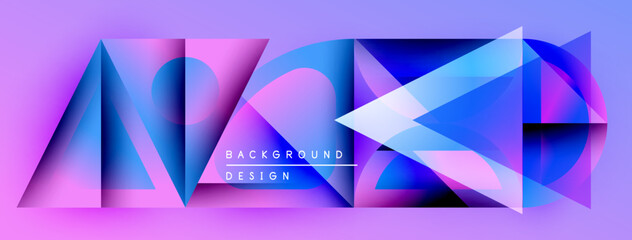 Fototapete - Abstract geometric shapes blend vibrant purple, blue hues. Modern design features layered triangles, gradients, text elements.