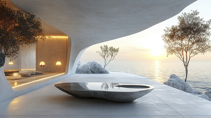 Poster - serene minimalist room featuring organic form table, with stunning ocean view at sunset