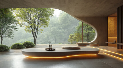 Poster - serene minimalist room featuring organic form table, surrounded by lush greenery and soft