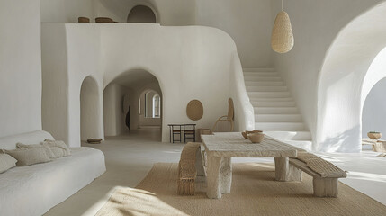 Poster - serene minimalist home featuring dining and lounge area with organic textures and soft colors