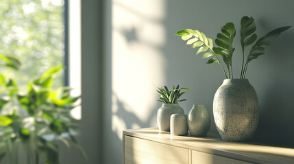 Poster - Minimalist interior with light wooden furniture and decorative plants creating serene atmosphere