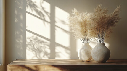 Poster - Minimalist interior with ceramic vases and dried plants casting shadows