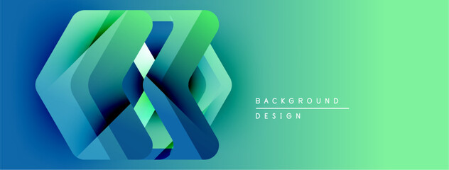Fototapete - Abstract geometric shapes overlap, creating dynamic visual effect. Gradient colors transition from blue to green. Modern design element.