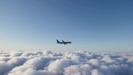 Poster - Passenger airplane soaring high above pristine white clouds, revealing expansive deep blue sky during bright sunny day with scenic aerial perspective