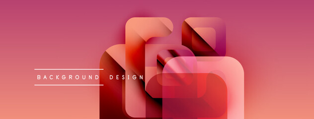 Fototapete - Abstract geometric shapes overlap, creating dynamic visual effect. Pink, red hues dominate composition. Modern design element.