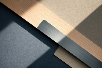 Aufkleber - Abstract Composition of Wood, Metal, and Textured Surfaces Under Harsh Sunlight, Ideal for Modern Workspace Design and Material Palette Inspiration : Generative AI