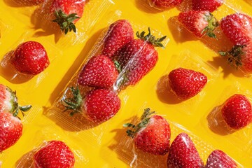 Poster - Fresh Strawberries in Clear Packaging on Bright Yellow Backdrop, Showcasing Healthy Food Choices and Sustainable Packaging Solutions for Grocery Delivery Services : Generative AI