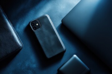 Aufkleber - Dark Mobile Phone and Accessories on Blue Surface, Showcasing Modern Technology and Digital Lifestyle for E-Commerce Advertising : Generative AI