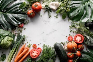 Poster - Fresh Vegetables and Herbs Bordering White Marble Surface, Promoting Healthy Eating and Culinary Creativity in Food Photography : Generative AI