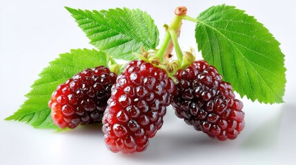 Poster - Three Dewberries With Green Leaves on White Surface, Showcasing Freshness and Healthy Eating Habits : Generative AI