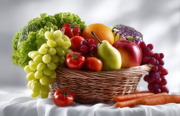 Poster - Fresh Fruits and Vegetables in Wicker Basket, Showcasing Healthy Eating and Nutritional Awareness for Lifestyle Content : Generative AI