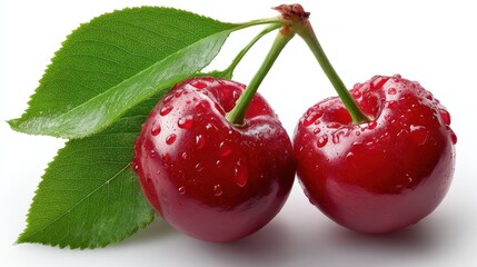 Poster - Two Fresh Red Cherries With Water Droplets and Green Leaves, Symbolizing Healthy Eating and Summer Produce : Generative AI