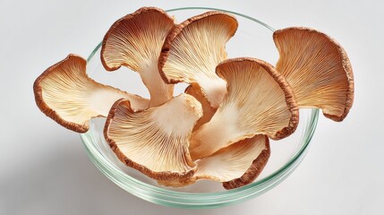 Poster - Oyster Mushrooms in Glass Bowl on White Background, Showcasing Freshness and Culinary Ingredient for Healthy Eating : Generative AI
