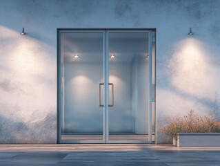 Aufkleber - Glass Doors of Modern Building at Dusk, Suggesting Opportunity and New Beginnings for Real Estate and Corporate Relocation : Generative AI