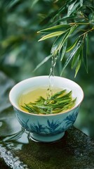Aufkleber - Pouring Water Into Cup of Green Tea With Bamboo Leaves, Symbolizing Wellness and Mindful Relaxation in a Natural Setting : Generative AI