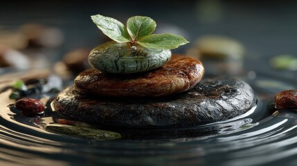 Poster - Stacked Stones With Green Leaves in Water, Symbolizing Balance, Wellness, and Environmental Sustainability for Spa and Relaxation Concepts : Generative AI