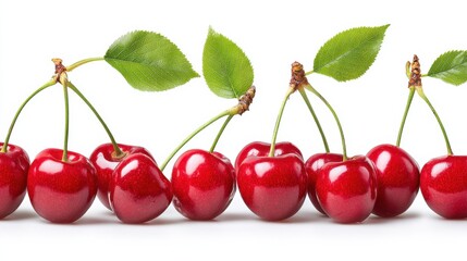 Poster - Row of Fresh Red Cherries With Stems and Leaves Against White Background, Symbolizing Healthy Eating and Summer Harvest : Generative AI