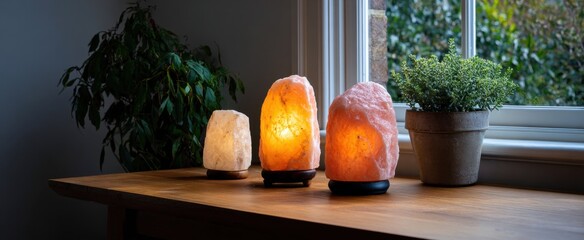 Poster - Himalayan Salt Lamps on Wooden Table Near Window, Representing Wellness and Serenity in Home Decor, Ideal for Relaxation and Mindfulness Practices : Generative AI