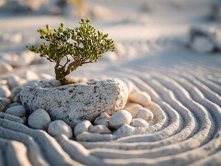 Poster - Zen Garden With Small Tree Growing From Stone, Representing Mindfulness and Spiritual Growth for Wellness Retreats and Meditation Practices : Generative AI