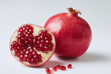 Poster - Sliced Pomegranate With Seeds on White Background, Representing Healthy Eating and Dietary Wellness, Suitable for Nutrition Education and Food Industry : Generative AI