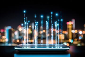 Leinwandbilder - Glowing Smartphone Displaying Binary Code Over Cityscape at Night, Illustrating Digital Transformation and Technological Advancement : Generative AI