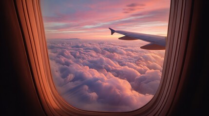 Aufkleber - Airplane Window View of Pink Sunset Clouds, Representing Travel and Wanderlust for Vacation Planning and Tourism Marketing : Generative AI
