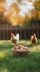 Poster - Brown and white chickens are approaching a wicker basket full of fresh eggs in a green backyard with a wooden fence in the background, during a sunny day