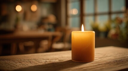 Poster - Glowing Candle on Wooden Table in Soft Focus, Representing Peace and Remembrance for Memorials and Home Decor : Generative AI