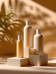 Poster - Elegant Cosmetic Bottles on Pedestals with Leaf Shadows, Promoting Beauty and Personal Care Products for Retail Advertising and Online Marketing Campaigns : Generative AI