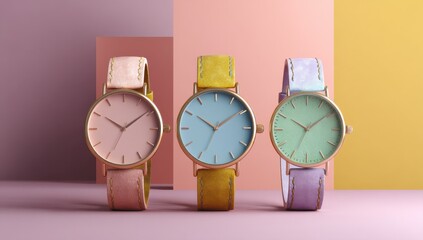 Poster - Pastel Wristwatches Arranged in a Row, Symbolizing Time Management and Punctuality for Business Success, Deadline Awareness, and Productivity : Generative AI
