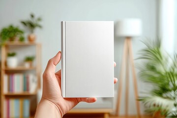 Poster - Hand Holding a Blank White Book Cover in a Bright Room, Ideal for Publishing Mockups and Creative Storytelling Projects, Representing Knowledge and Learning : Generative AI