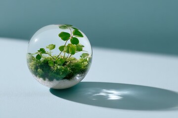 Aufkleber - Clover Terrarium in Glass Orb on Blue Surface, Symbolizing Growth and Environmental Awareness for Sustainable Business Practices and Eco-Friendly Initiatives : Generative AI