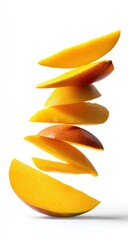 Poster - Sliced Mango Pieces Floating in Air on White Background, Representing Tropical Refreshment and Healthy Eating for Food Bloggers and Recipe Developers : Generative AI