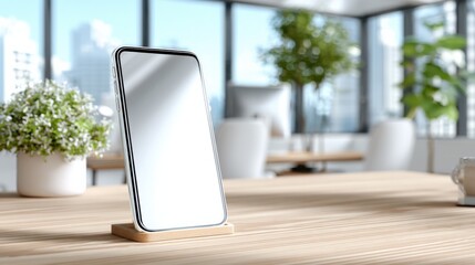 Aufkleber - Smartphone on Wooden Stand in Modern Office, Representing Mobile Technology and Digital Workspace Solutions for Business Productivity and Communication : Generative AI