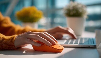 Poster - Woman Using Orange Mouse With Laptop at Desk, Representing Productivity and Remote Work Opportunities in a Modern Office Environment : Generative AI