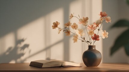 Aufkleber - Open Book and Flower Vase on Wooden Table Under Sunlight, Symbolizing Tranquility and Moments of Reflection for Personal Growth and Mindfulness Practice : Generative AI