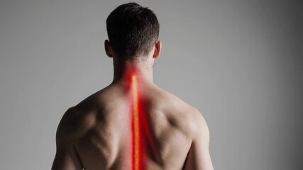 Poster - Shirtless masculine figure standing with transparent spinal column highlighted in glowing red, visualizing physiological back pain symptoms against minimalist gray studio setting