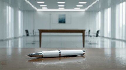 Aufkleber - White Pen on Wooden Desk in Modern Office, Illustrating Productivity and Corporate Strategy, Perfect for Business Meeting or Teamwork Concepts : Generative AI