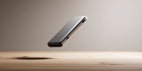 Poster - Sleek Silver Power Bank Floating Above Wooden Table, Showcasing Mobile Technology and Portable Energy Solutions for Modern Lifestyle : Generative AI