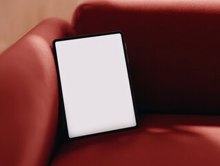 Aufkleber - Tablet Computer With Blank White Screen Resting on Red Couch, Ideal for Digital Marketing and Remote Work Presentations in a Comfortable Setting : Generative AI