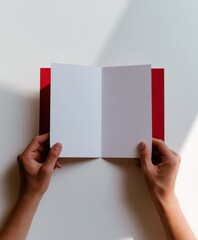 Poster - Hands Holding Open Red and White Card on White Surface, Ideal for Invitation Mockup and Personalized Communication : Generative AI