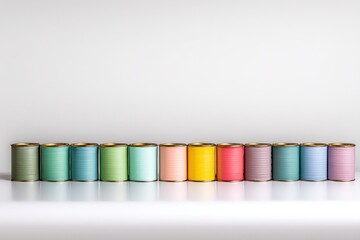 Poster - Row of Colorful Thread Spools on White Surface, Representing Creativity and Craftsmanship for DIY Projects and Small Business Branding : Generative AI